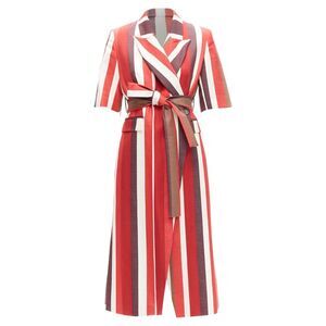 Frenken graphic stripes cotton tie belt long coat